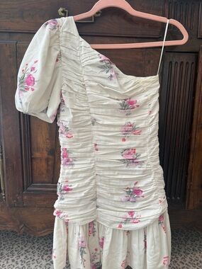 LoveShackFancy Cream One-Shoulder Ruched Floral Dress with Puff Sleeve